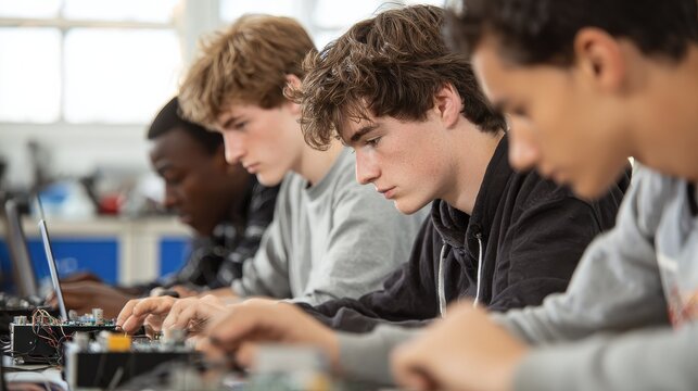 Male high school students studying electronics in class, no logos, no brands