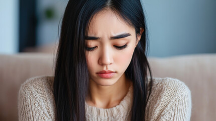 Young Asian woman sitting alone on a couch, looking down in sadness. 