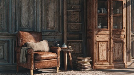 A rustic loft living room featuring an armchair and wooden cabinet, set against beautifully panelled walls.