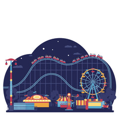 Cartoon amusement park at night with a roller coaster and Ferris wheel