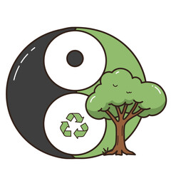 A yinyang symbol with a recycling icon and a tree on the lighter side