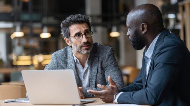 Two diverse business men analysts partners talking, working together, discussing data management using laptop computer. Indian manager consulting client with online technology at office meeting., no 