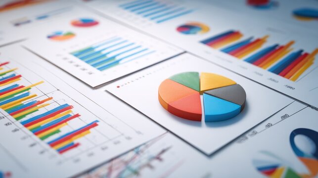 close-up of a collection of business documents with various types of charts and graphs