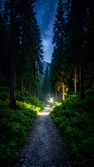 Obraz premium Night forest path with starlit sky.