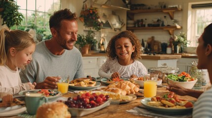 Family eating healthy breakfast in kitchen, no logos, no brands