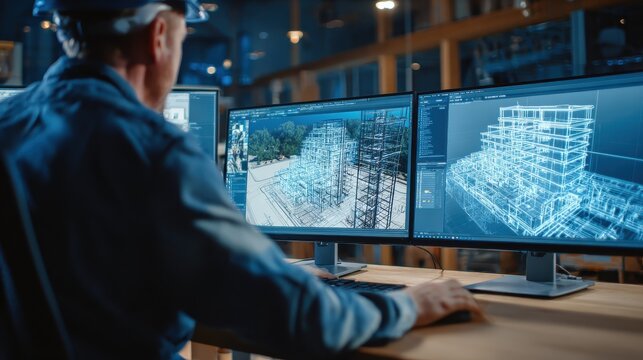 Engineer examines digital twin of construction project on computer screen. Advanced modeling software visualizes building structures. Collaboration, planning crucial for innovative construction. BIM