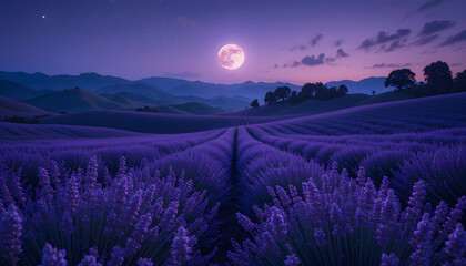 A serene lavender field at dusk under starry sky full moon silver glow rolling hills and gentle night breeze