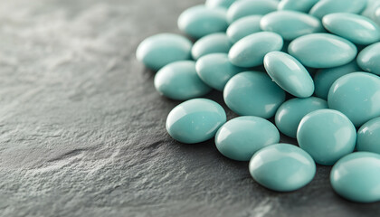 Close-up of a pile of turquoise candy-coated chocolates on a smooth gray surface
