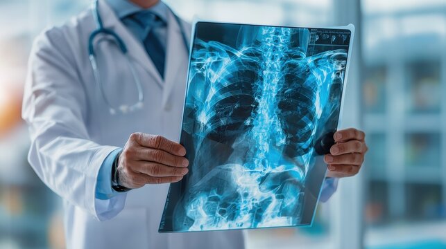 Doctor holding and looking patient body x-ray film before surgery. MRI and CT scan examining at radiology orthopedic unit in hospital.