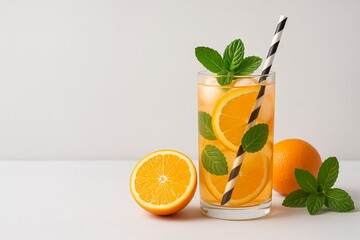 Refreshing Orange Drink with Mint and Striped Straw an Invigorating Blend of Citrus Flavors