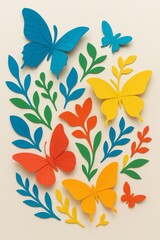 Colorful Paper Cutout Art Featuring Butterflies and Foliage Against a Cream Background Bringing Springtime Joy