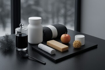 Monochrome Wellness Still Life featuring Apple, Bar, and Candle on a Tray Near Black and White Pillow