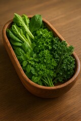 Wooden Bowl Overflowing with Fresh Herbs A Symphony of Greens and Textures Captured in Stunning Detail on a Wooden Surface