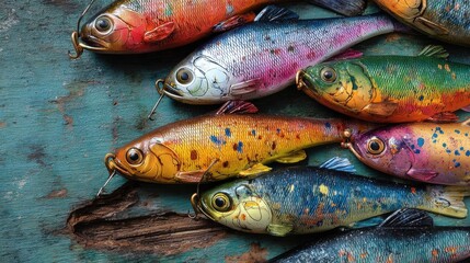 Isca de pesca colorida em um fundo de madeira r&Atilde;&ordm;stica