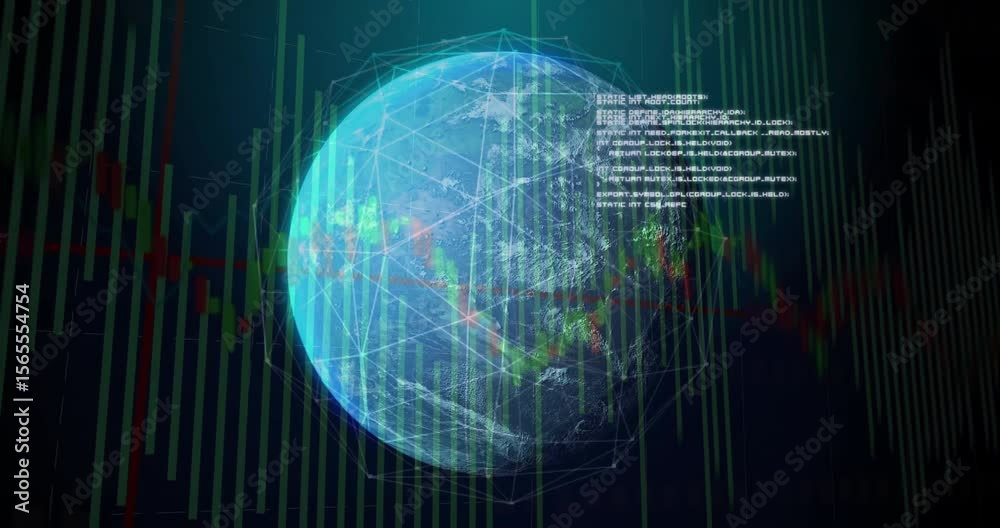 Poster On digital dashboard boot globe rotating with network lines and scrolling code displaying data