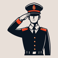 Saluting Officer in Uniform with Hat and Orange Accents Illustration