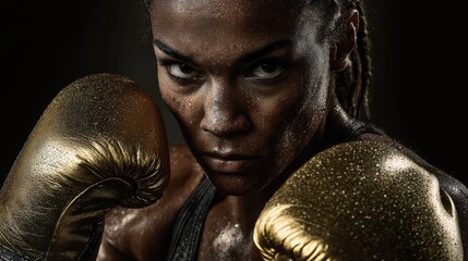 A determined female boxer with gold gloves poses in a fighting stance against a dark background.