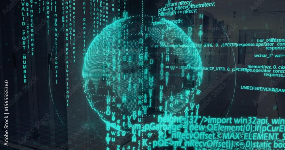 Poster on code streaming wireframe globe rotating with orbital rings materializing showing data flow
