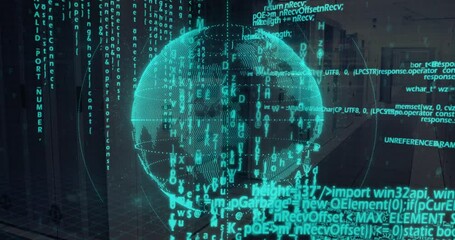 On code streaming wireframe globe rotating with orbital rings materializing showing data flow - Powered by Adobe