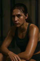 Exhausted Yet Determined Female Athlete Resting After Intense Workout in Dimly Lit Gym