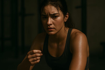 Exhausted Yet Determined Female Athlete Resting After Intense Workout in Dimly Lit Gym