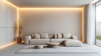 Modern interior with a beige sofa, coffee tables, decorative plant, and minimal design photo