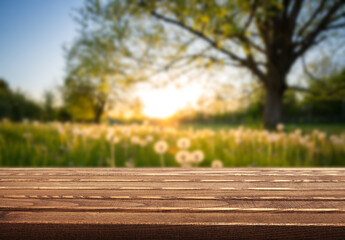 Golden sunset illuminating a peaceful field with dandelions and a wooden table in the foreground