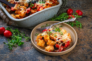 Homemade Italian baked cheesy mezze maniche Pasta alla norma with eggplant, olives and tomatos served as close-up in a stoneware casserole