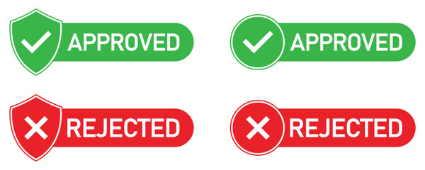 Green approved and red rejected icons with shield and circle styles. Vector set featuring checkmark and cross symbols for verification, validation, or rejection UI use.