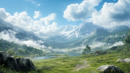 A picturesque mountain landscape with clouds hovering above, creating depth with glowing accents