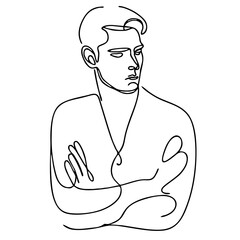 Contempt — handsome man in graceful theatrical pose of disdain: minimalist single black line drawing. One line art.