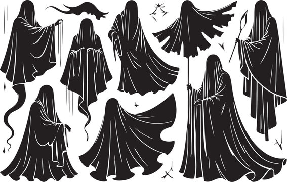 Black cloaked figures with flowing robes black and white