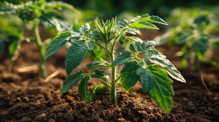 Close-up of young Tomato plants growing in the vegetable garden on springtime. Generated image