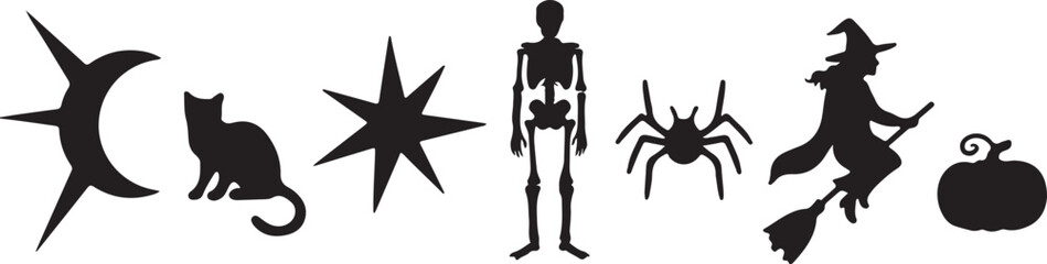 Fototapeta premium Halloween silhouettes black cat skeleton spider witch pumpkin