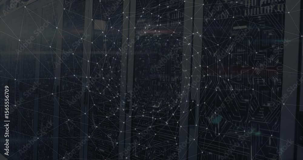 Poster on start network nodes and lines pulsing reorganizing around server cabinets to simulate data flow