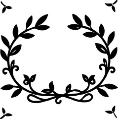 Black and white vintage vector floral frame illustration with ornate leaves and decorative swirl elements
