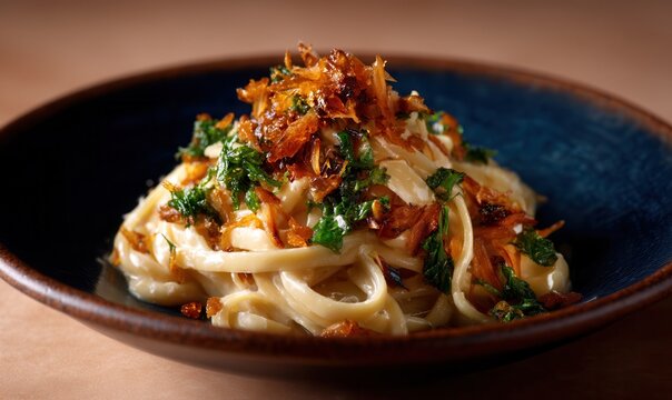 Pasta topped with bottarga and herbs