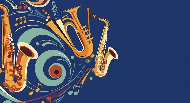 Vibrant Jazz Music Illustration Saxophones, Trumpets, and Musical Notes