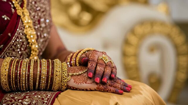 A bride displays intricate henna designs and stunning jewelry in a vibrant and elegant atmosphere