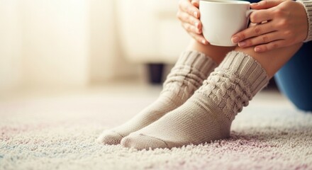 Tender close-up of female feet in cozy beige socks resting on a fluffy pastel carpet, holding a cup of tea with a softly blurred warm-toned background creating a relaxing atmosphere