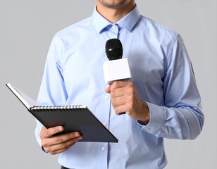 Man Holding Microphone and Notepad Preparing for Interview or News Presentation in Formal Attire