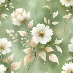 Vintage floral pattern, pastel green background, soft colors, white flowers and beige leaves, watercolor style, seamless wallpaper design Generative AI 