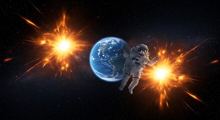 Astronaut in Distress Amidst Cosmic Explosion and Earth's Danger