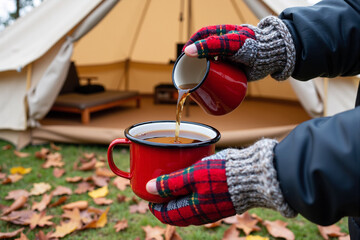 Person wearing cozy gloves pours hot coffee into a red mug at a campsite with a bell tent in the background, capturing a warm and relaxing moment of autumn glamping and enjoying the great outdoors