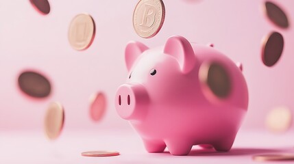 Pink piggy bank with falling coins symbolizing savings investments and financial security photo