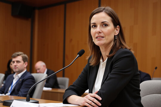 confident and professional woman in a blazer speaks into a microphone while giving testimony or a speech during a formal government hearing, press conference, or deposition