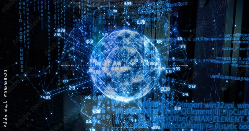 Poster server racks activating holographic globe spinning while data labels pulse for real-time monitoring