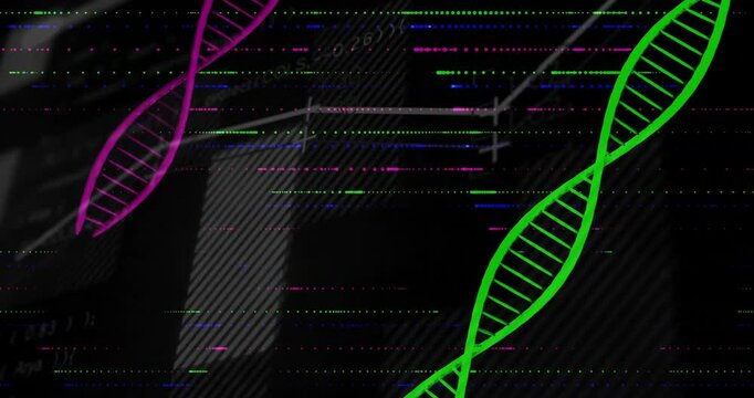 Glitch signal starting canvas, DNA helix icons appearing while chart line rising showing data trend - Powered by Adobe