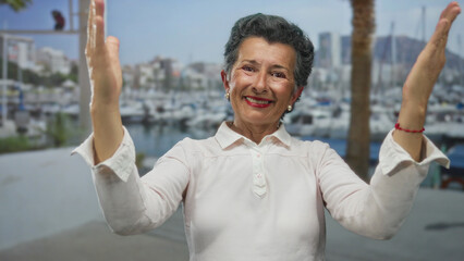 Fototapeta premium Senior woman with grey hair gesturing big size with hands, smiling joyfully at seaside port with boats and cityscape background, embodying happiness.