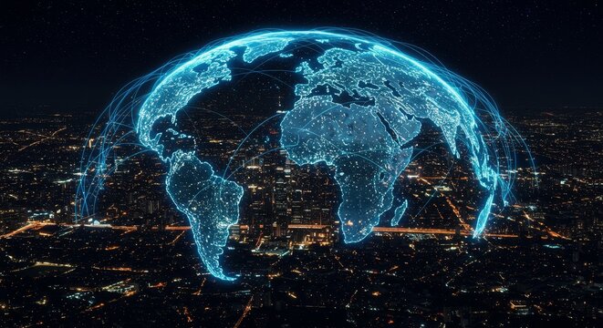 Global Network Connections - Illuminated globe showcasing global interconnectedness, network, and city lights at night - Powered by Adobe